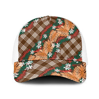 Polynesian Monstera Tiare Floral Mesh Trucker Cap Chocolate Brown Tropical Plaid - Polynesian Pride