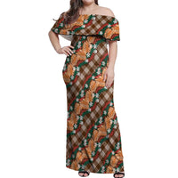 Polynesian Monstera Tiare Floral Off Shoulder Maxi Dress Chocolate Brown Tropical Plaid - Polynesian Pride