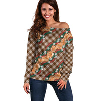 Polynesian Monstera Tiare Floral Off Shoulder Sweater Chocolate Brown Tropical Plaid - Polynesian Pride