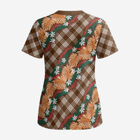 Polynesian Monstera Tiare Floral Scrub Top Chocolate Brown Tropical Plaid - Polynesian Pride