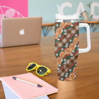 Polynesian Monstera Tiare Floral Tumbler With Handle Chocolate Brown Tropical Plaid - Polynesian Pride