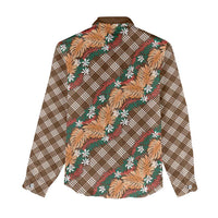 Polynesian Monstera Tiare Floral Women Casual Shirt Chocolate Brown Tropical Plaid - Polynesian Pride