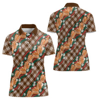 Polynesian Monstera Tiare Floral Women Polo Shirt Chocolate Brown Tropical Plaid - Polynesian Pride
