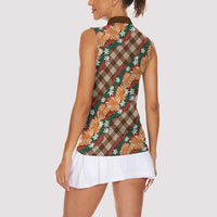 Polynesian Monstera Tiare Floral Women Sleeveless Polo Shirt Chocolate Brown Tropical Plaid - Polynesian Pride