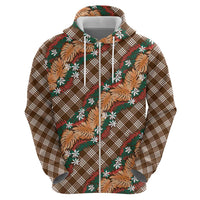 Polynesian Monstera Tiare Floral Zip Hoodie Chocolate Brown Tropical Plaid - Polynesian Pride