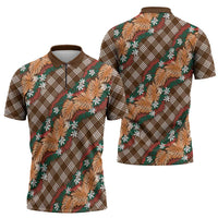 Polynesian Monstera Tiare Floral Zipper Polo Shirt Chocolate Brown Tropical Plaid - Polynesian Pride