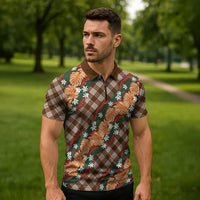 Polynesian Monstera Tiare Floral Zipper Polo Shirt Chocolate Brown Tropical Plaid - Polynesian Pride