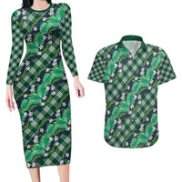 Polynesian Monstera Tiare Floral Couples Matching Long Sleeve Bodycon Dress and Hawaiian Shirt Forest Green Tropical Plaid - Polynesian Pride