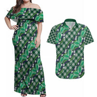 Polynesian Monstera Tiare Floral Couples Matching Off Shoulder Maxi Dress and Hawaiian Shirt Forest Green Tropical Plaid - Polynesian Pride