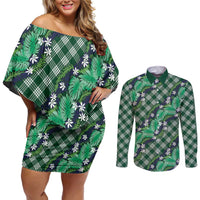 Polynesian Monstera Tiare Floral Couples Matching Off Shoulder Short Dress and Long Sleeve Button Shirt Forest Green Tropical Plaid - Polynesian Pride
