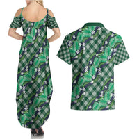 Polynesian Monstera Tiare Floral Couples Matching Summer Maxi Dress and Hawaiian Shirt Forest Green Tropical Plaid - Polynesian Pride
