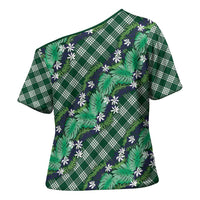 Polynesian Monstera Tiare Floral Cross Shoulder Shirt Forest Green Tropical Plaid - Polynesian Pride