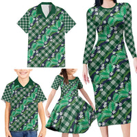 Polynesian Monstera Tiare Floral Family Matching Long Sleeve Bodycon Dress and Hawaiian Shirt Forest Green Tropical Plaid - Polynesian Pride