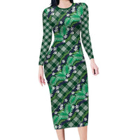 Polynesian Monstera Tiare Floral Family Matching Long Sleeve Bodycon Dress and Hawaiian Shirt Forest Green Tropical Plaid - Polynesian Pride