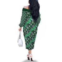 Polynesian Monstera Tiare Floral Family Matching Off The Shoulder Long Sleeve Dress and Hawaiian Shirt Forest Green Tropical Plaid - Polynesian Pride