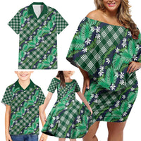 Polynesian Monstera Tiare Floral Family Matching Off Shoulder Short Dress and Hawaiian Shirt Forest Green Tropical Plaid - Polynesian Pride