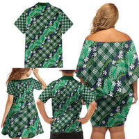 Polynesian Monstera Tiare Floral Family Matching Off Shoulder Short Dress and Hawaiian Shirt Forest Green Tropical Plaid - Polynesian Pride