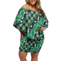 Polynesian Monstera Tiare Floral Family Matching Off Shoulder Short Dress and Hawaiian Shirt Forest Green Tropical Plaid - Polynesian Pride