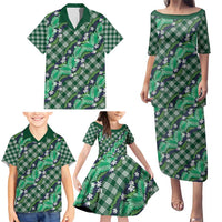 Polynesian Monstera Tiare Floral Family Matching Puletasi and Hawaiian Shirt Forest Green Tropical Plaid - Polynesian Pride