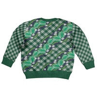 Polynesian Monstera Tiare Floral Kid Ugly Christmas Sweater Forest Green Tropical Plaid - Polynesian Pride