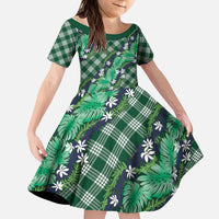 Polynesian Monstera Tiare Floral Kid Short Sleeve Dress Forest Green Tropical Plaid - Polynesian Pride