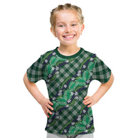 Polynesian Monstera Tiare Floral Kid T Shirt Forest Green Tropical Plaid - Polynesian Pride
