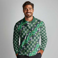 Polynesian Monstera Tiare Floral Long Sleeve Polo Shirt Forest Green Tropical Plaid - Polynesian Pride