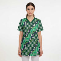 Polynesian Monstera Tiare Floral Scrub Top Forest Green Tropical Plaid - Polynesian Pride