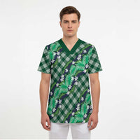 Polynesian Monstera Tiare Floral Scrub Top Forest Green Tropical Plaid - Polynesian Pride