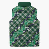 Polynesian Monstera Tiare Floral Sleeveless Puffer Jacket Forest Green Tropical Plaid - Polynesian Pride