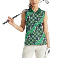 Polynesian Monstera Tiare Floral Women Sleeveless Polo Shirt Forest Green Tropical Plaid - Polynesian Pride