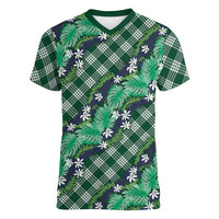 Polynesian Monstera Tiare Floral Women V-Neck T-Shirt Forest Green Tropical Plaid - Polynesian Pride