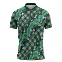 Polynesian Monstera Tiare Floral Zipper Polo Shirt Forest Green Tropical Plaid - Polynesian Pride