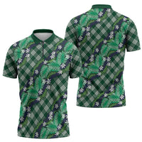 Polynesian Monstera Tiare Floral Zipper Polo Shirt Forest Green Tropical Plaid - Polynesian Pride