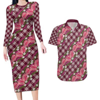Polynesian Monstera Tiare Floral Couples Matching Long Sleeve Bodycon Dress and Hawaiian Shirt Fuchsia Tropical Plaid - Polynesian Pride
