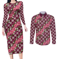 Polynesian Monstera Tiare Floral Couples Matching Long Sleeve Bodycon Dress and Long Sleeve Button Shirt Fuchsia Tropical Plaid - Polynesian Pride