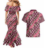 Polynesian Monstera Tiare Floral Couples Matching Mermaid Dress and Hawaiian Shirt Fuchsia Tropical Plaid - Polynesian Pride