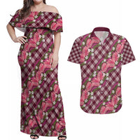 Polynesian Monstera Tiare Floral Couples Matching Off Shoulder Maxi Dress and Hawaiian Shirt Fuchsia Tropical Plaid - Polynesian Pride