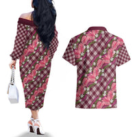 Polynesian Monstera Tiare Floral Couples Matching Off The Shoulder Long Sleeve Dress and Hawaiian Shirt Fuchsia Tropical Plaid - Polynesian Pride