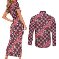 Polynesian Monstera Tiare Floral Couples Matching Short Sleeve Bodycon Dress and Long Sleeve Button Shirt Fuchsia Tropical Plaid - Polynesian Pride