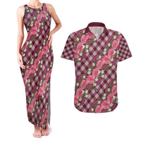 Polynesian Monstera Tiare Floral Couples Matching Tank Maxi Dress and Hawaiian Shirt Fuchsia Tropical Plaid - Polynesian Pride