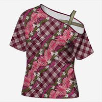 Polynesian Monstera Tiare Floral Cross Shoulder Shirt Fuchsia Tropical Plaid - Polynesian Pride