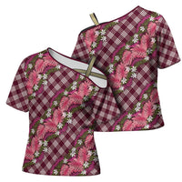 Polynesian Monstera Tiare Floral Cross Shoulder Shirt Fuchsia Tropical Plaid - Polynesian Pride