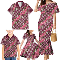 Polynesian Monstera Tiare Floral Family Matching Mermaid Dress and Hawaiian Shirt Fuchsia Tropical Plaid - Polynesian Pride