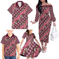 Polynesian Monstera Tiare Floral Family Matching Off The Shoulder Long Sleeve Dress and Hawaiian Shirt Fuchsia Tropical Plaid - Polynesian Pride