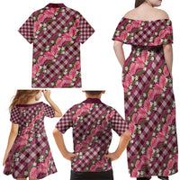 Polynesian Monstera Tiare Floral Family Matching Off Shoulder Maxi Dress and Hawaiian Shirt Fuchsia Tropical Plaid - Polynesian Pride