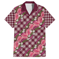 Polynesian Monstera Tiare Floral Family Matching Puletasi and Hawaiian Shirt Fuchsia Tropical Plaid - Polynesian Pride