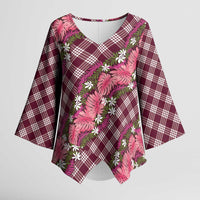 Polynesian Monstera Tiare Floral Kimono Sleeve Blouse Fuchsia Tropical Plaid - Polynesian Pride