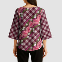 Polynesian Monstera Tiare Floral Kimono Sleeve Blouse Fuchsia Tropical Plaid - Polynesian Pride