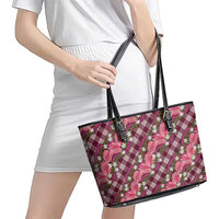 Polynesian Monstera Tiare Floral Leather Tote Bag Fuchsia Tropical Plaid - Polynesian Pride